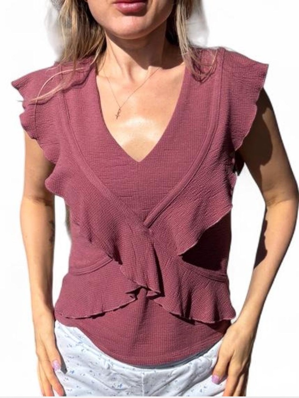 Boho ruffled waffle knit blouse with flutter sleeves